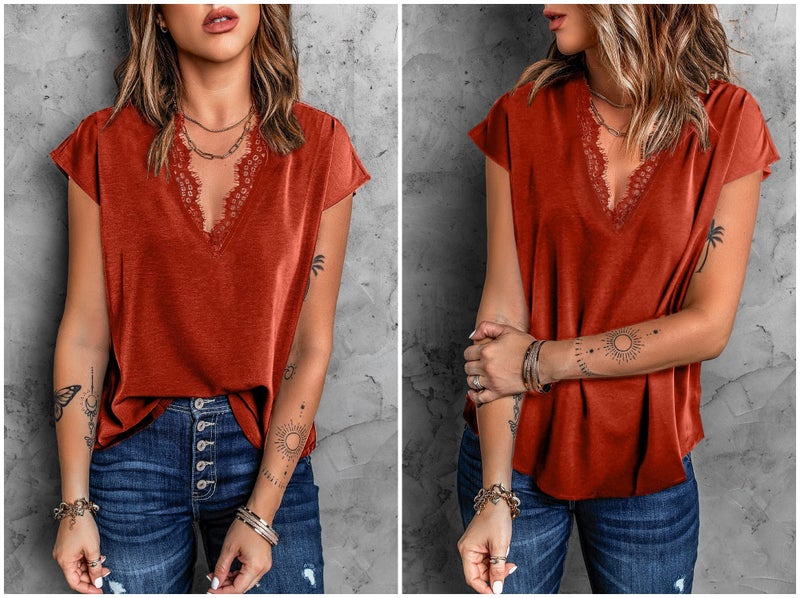 lime flare Women Sexy Summer Lace Trim Satin T-Shirt Tops Dressy Silk Blouse Tank Shirt, Red Eyelash Lace Short Sleeve,X-Large - Image 3